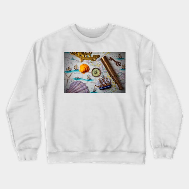 Pirate Ship On Old Map Crewneck Sweatshirt by photogarry